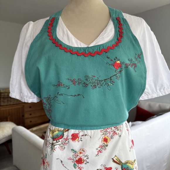 Lenox Apron‎ Birds Floral Turquoise Ruffle Ric Rac Retro Kitchen Cooking - Picture 2 of 12